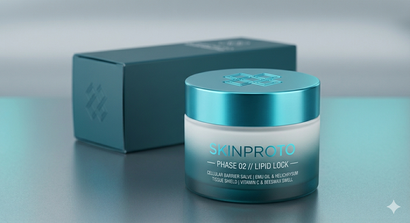 SkinProto Phase 02 // Lipid Lock nourishing balm jar with teal box